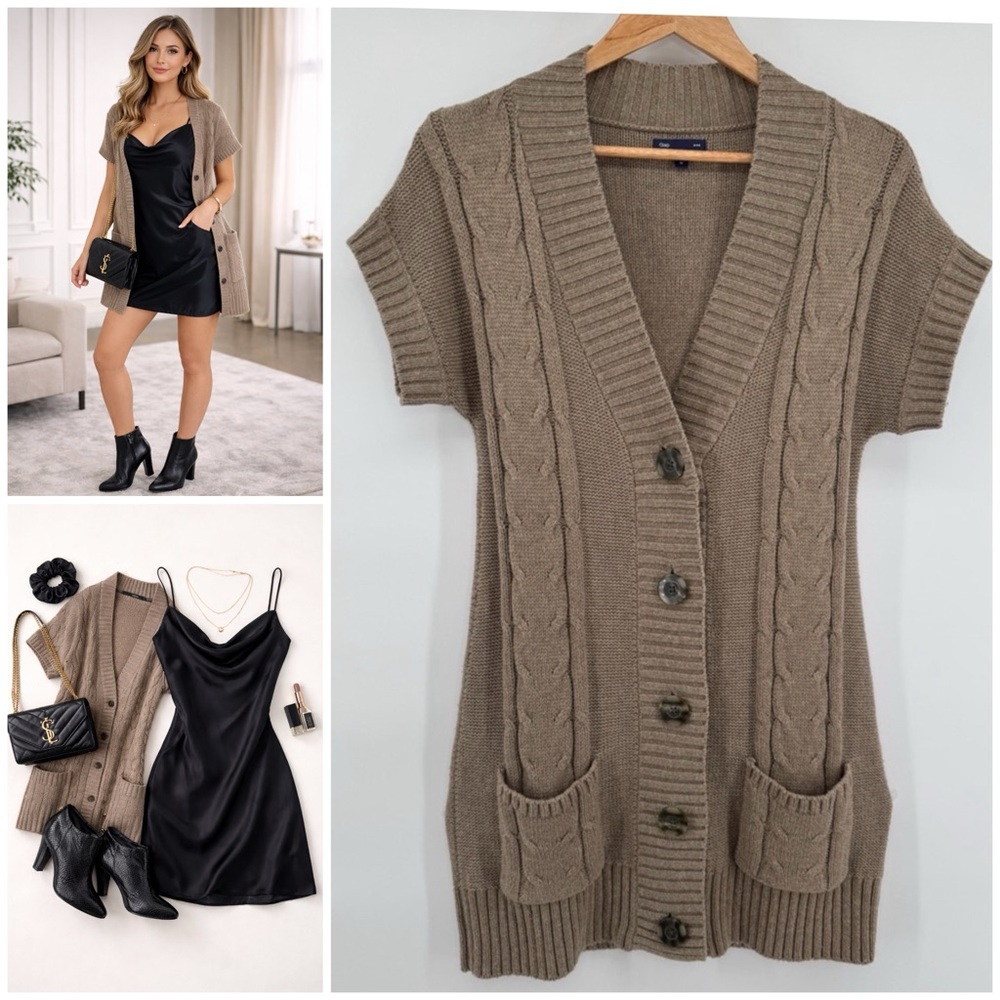 GAP Cable Knit ShortSleeve CardiganVest Neutral Cozy Chic Women's Sz M Timeless